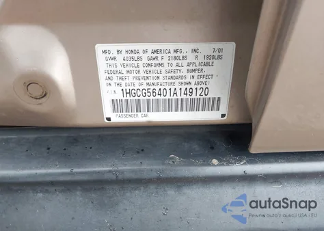 2001 Honda Accord 2.3 Lx z USA, uszkodzony, nr VIN 1HGCG56401A149120